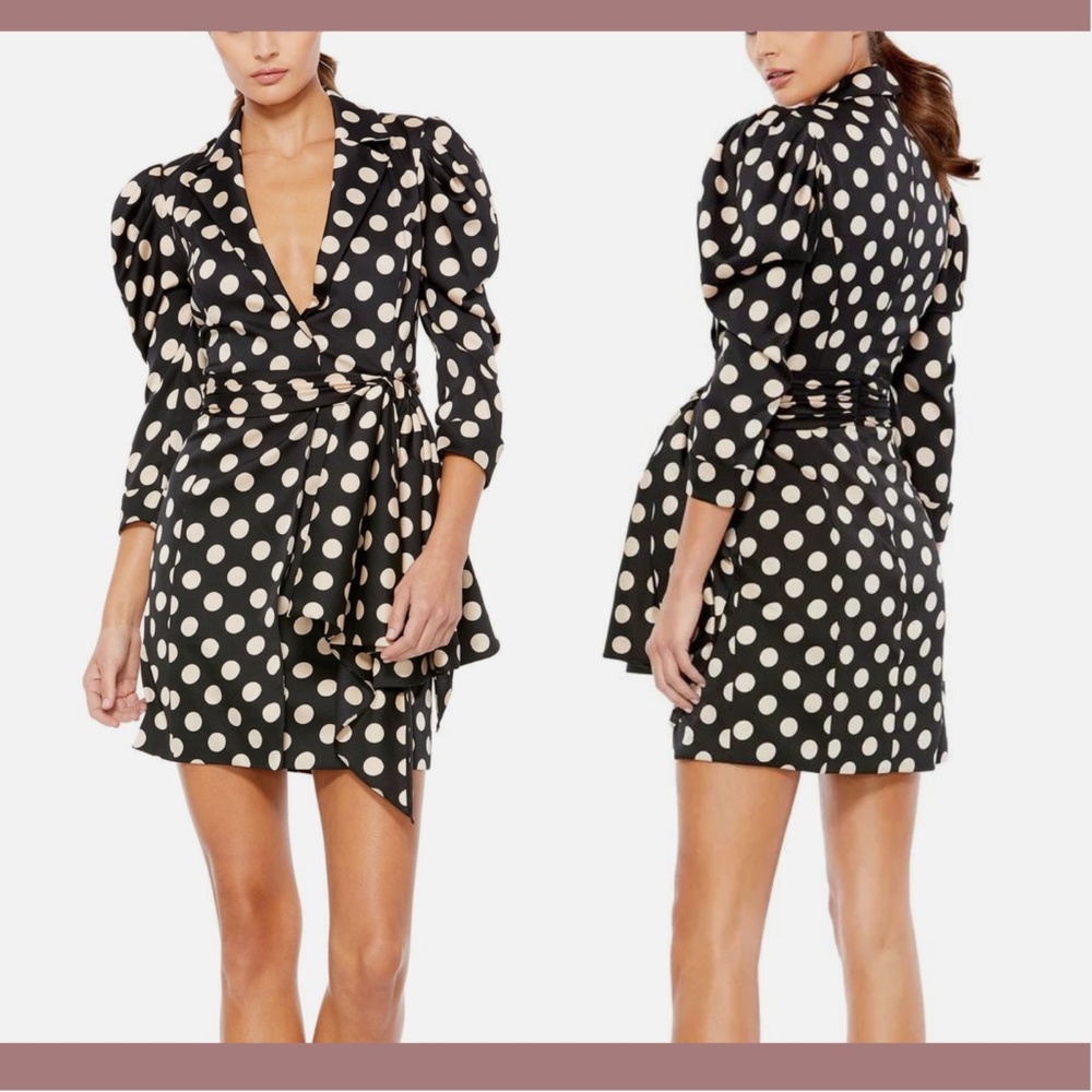 NEW IEENA Mac Duggal [ 0‎ ] Polka Dot Puff Sleeve Soft Tie Tuxedo Dress Black